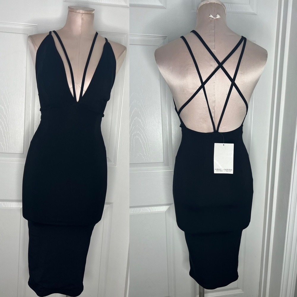 NWT Naked Wardrobe Strappy Deep V-neck Midi Dress Sz S - Picture 2 of 8